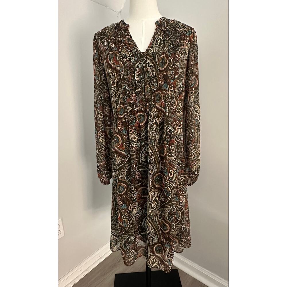 Fall Paisley Dress Women’s 8 Long Sleeve Brown Teal Rust Boho Aesthetic Midi - Picture 2 of 11